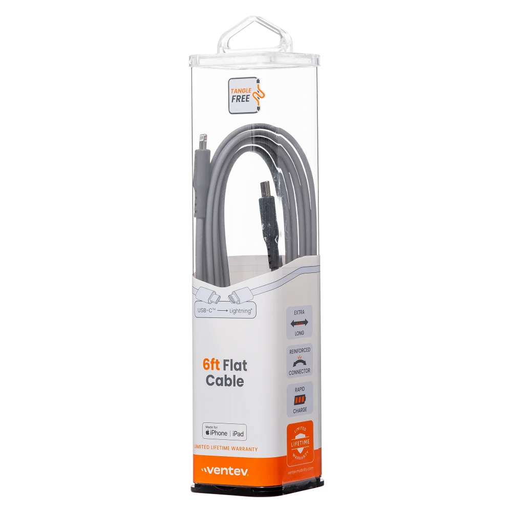 Ventev - Chargesync Flat USB C to Apple Lightning Cable 6ft - Gray