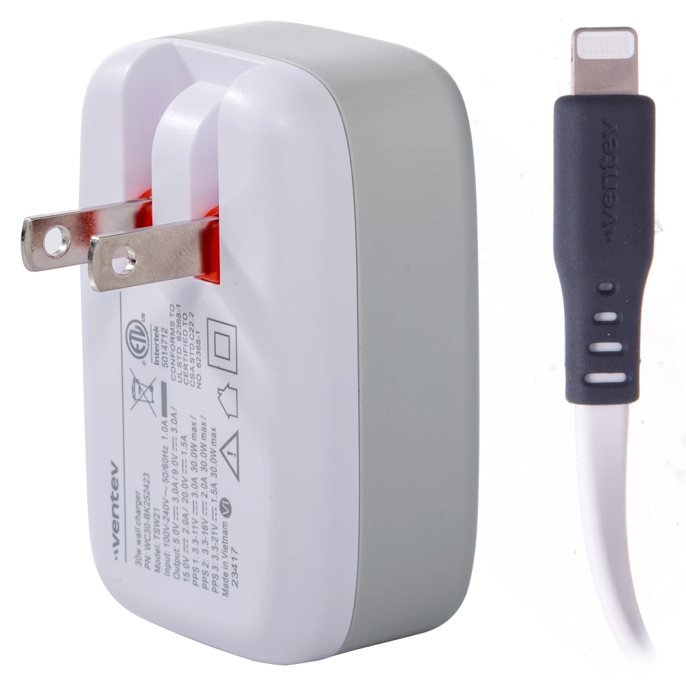 Ventev - 30W Wall Charger and USB C to Apple Lightning Cable - White