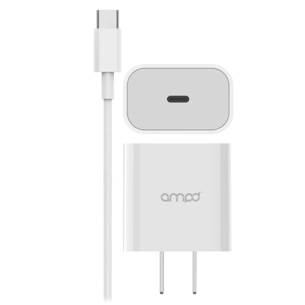 AMPD - PD Fast 20W USB C Wall Charger with USB C to USB C Cable 4ft - White