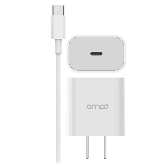 AMPD - PD Fast 20W USB C Wall Charger with USB C to USB C Cable 4ft - White