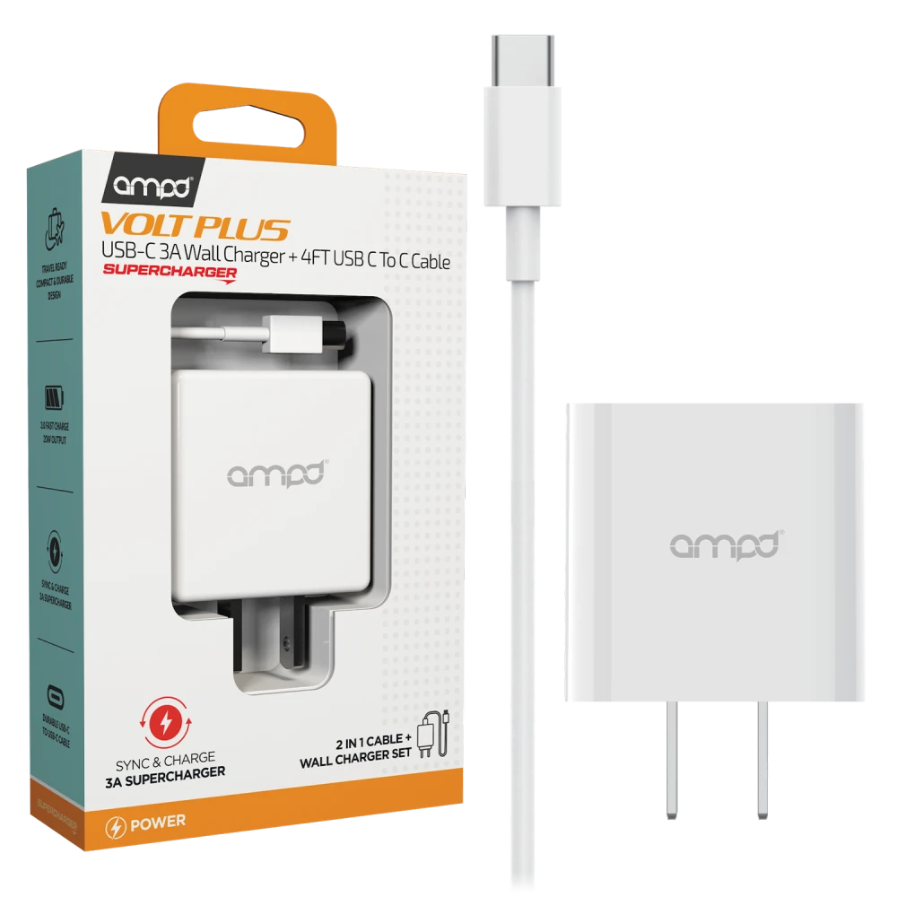 AMPD - PD Fast 20W USB C Wall Charger with USB C to USB C Cable 4ft - White